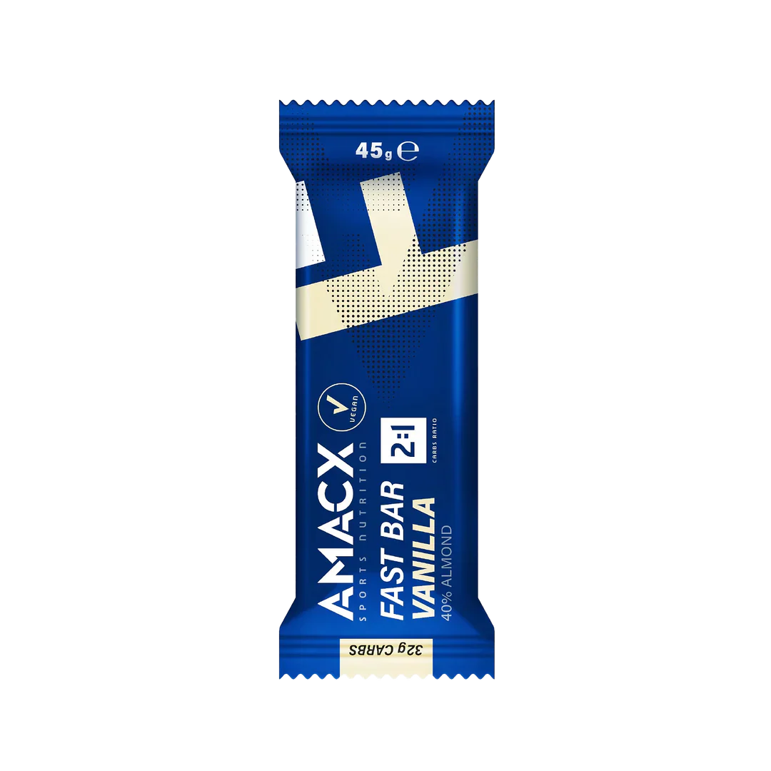 Amacx Fast Bar Vanilla nutritious snack bar in blue wrapper with 45g weight and 32g carbs information visible