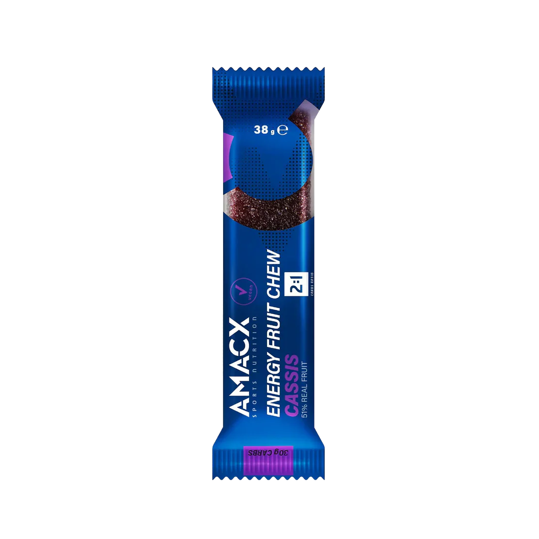Amacx Energy Fruit Chew Cassis energy chew candy bar in blue packaging with blackcurrant fruit flavor.