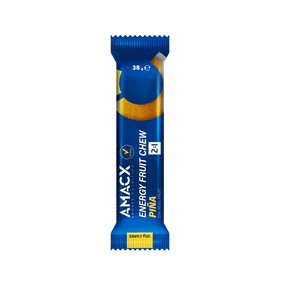 Amacx Energy Fruit Chew Piña bar in blue packaging with pineapple flavor and 2:1 energy blend label