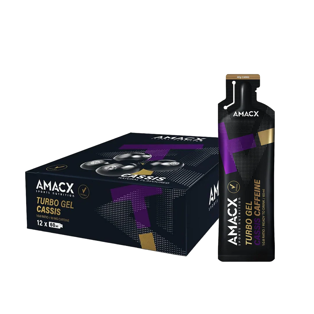 Packaging and single pouch of Amacx Turbo Gel Cassis Caffeine energy gel with black and purple design