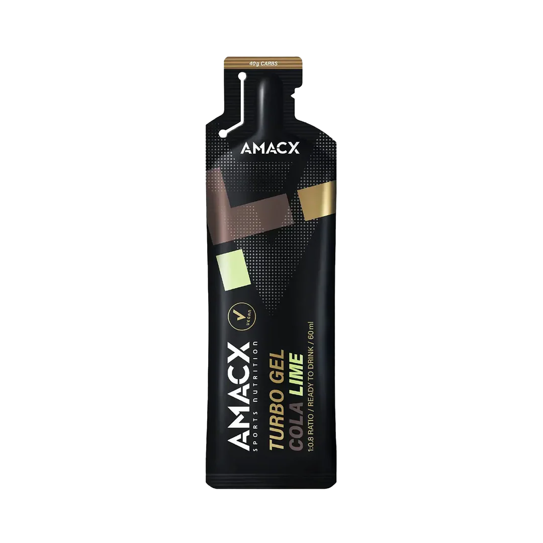 Amacx Turbo Gel Cola Lime energy gel pouch with black packaging and cola lime flavor branding