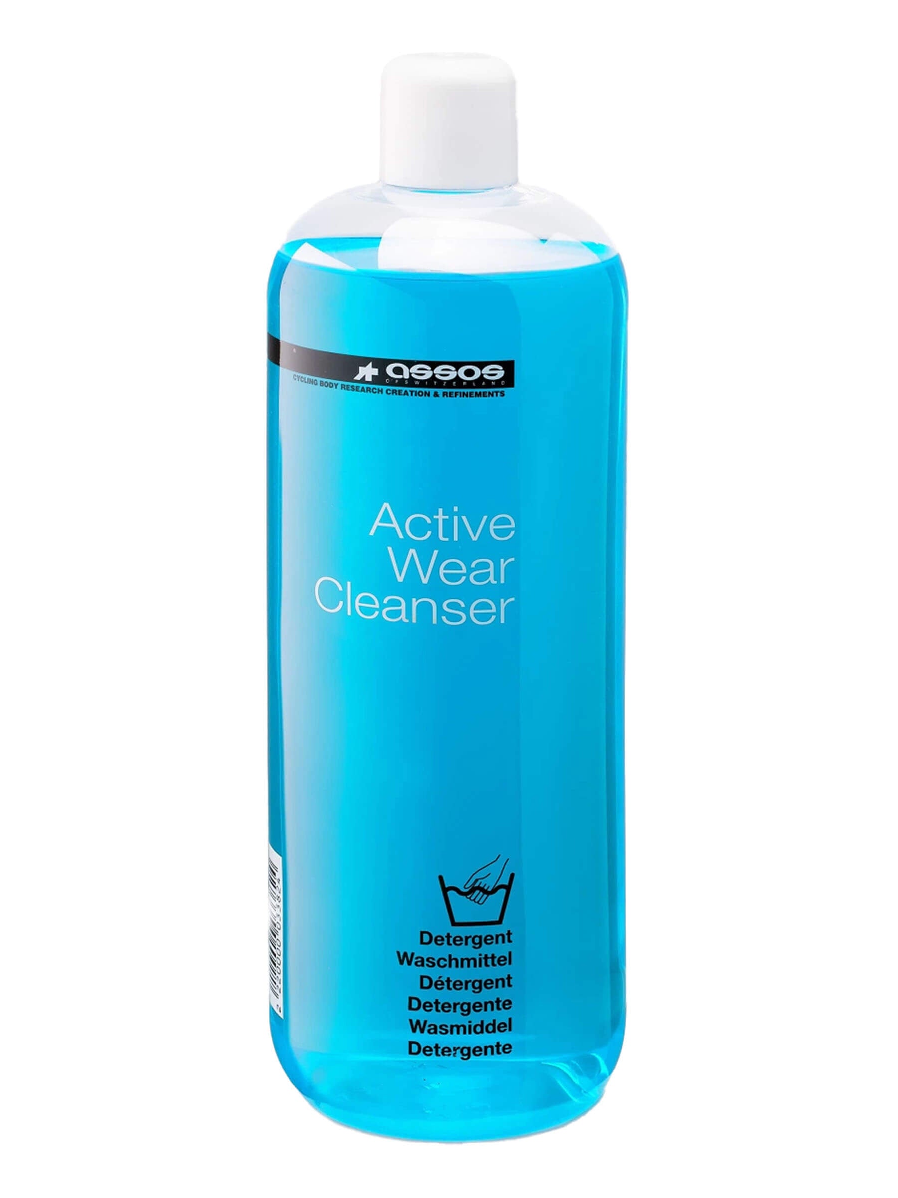 Clear blue bottle of Assos Active Wear Cleanser with white cap and minimal text on white background