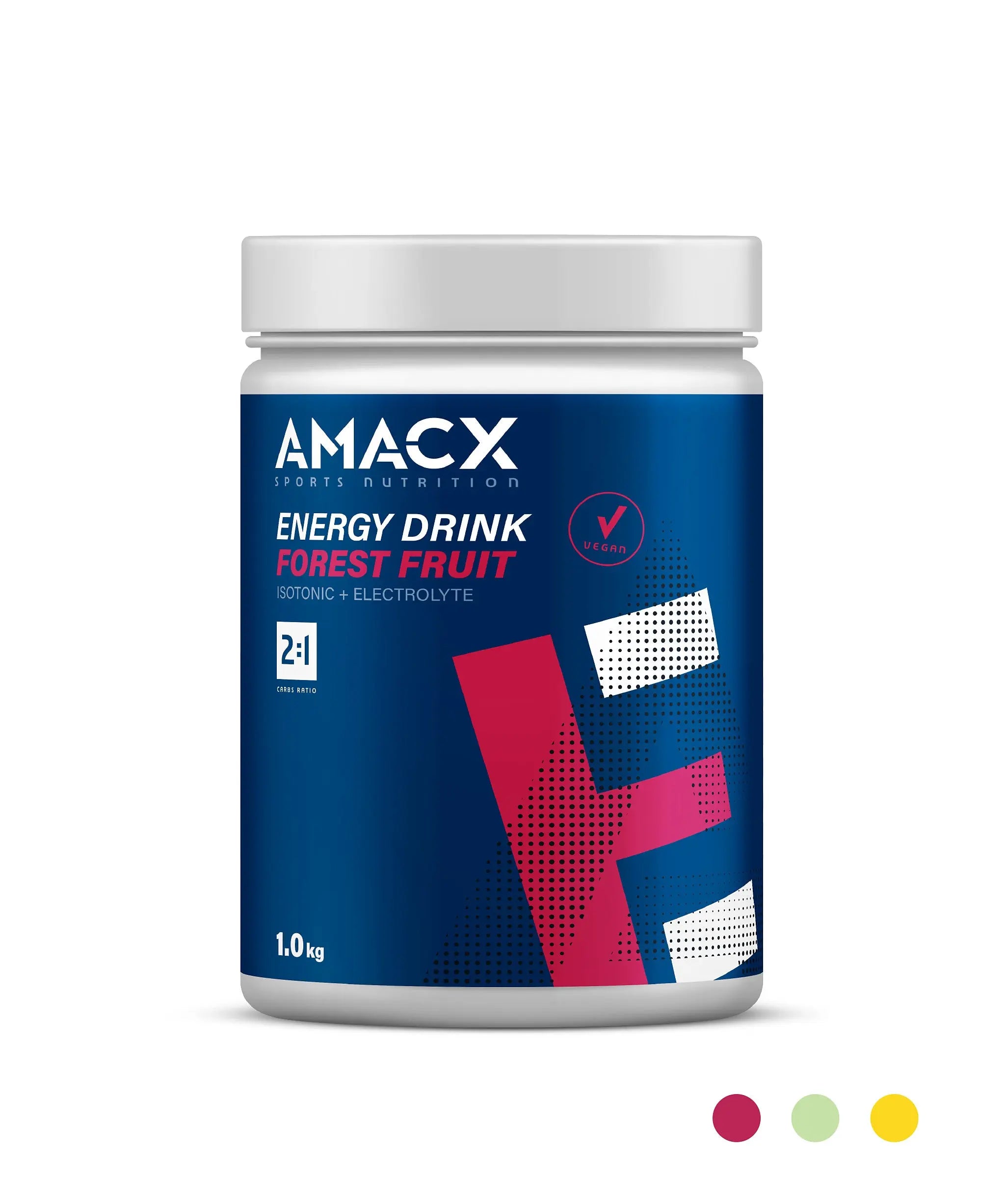 Container of Amacx Energy Drink | 1.0 kg with forest fruit flavor and isotonic electrolyte formula on a white background.