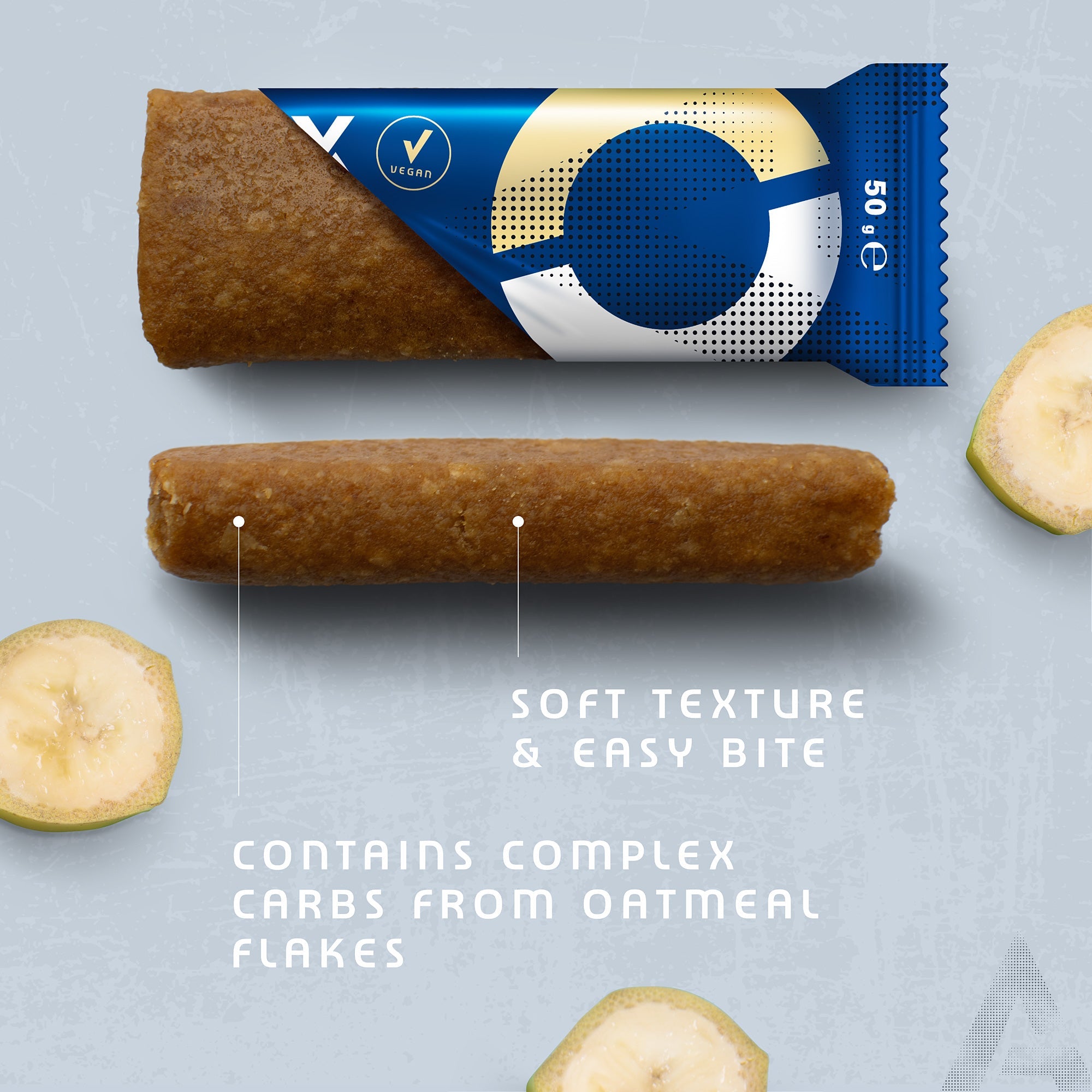 Amacx Energy Oat Bar Banana opened and unwrapped with banana slices and text highlighting soft texture and oatmeal carbs.