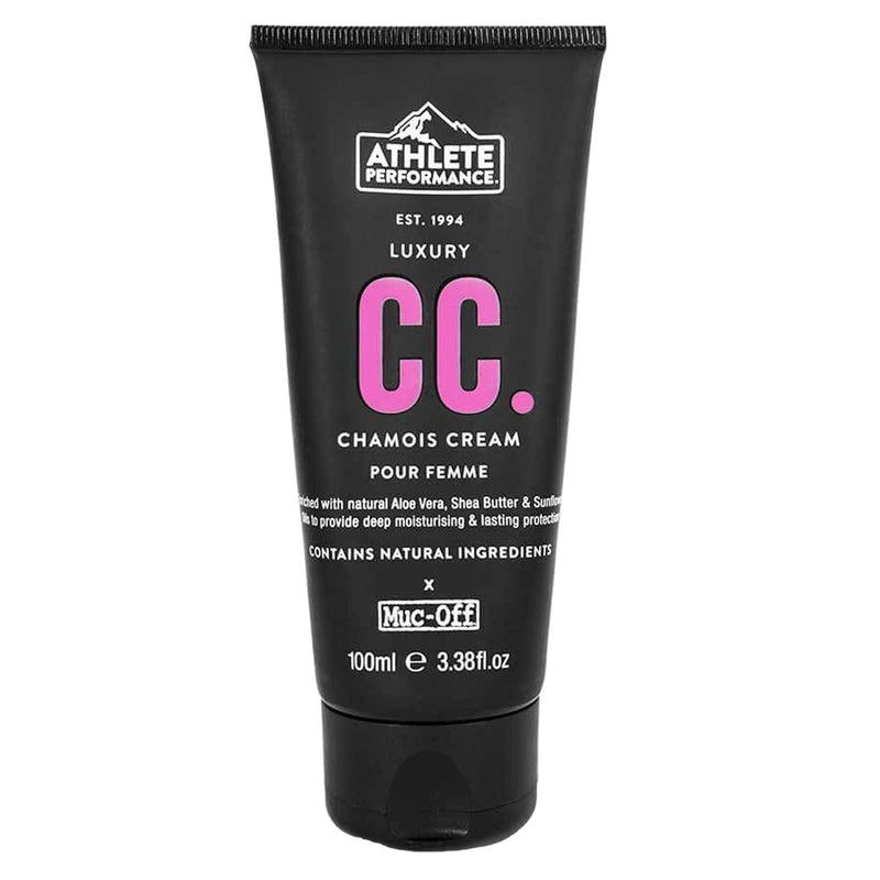 Tube of MUC-OFF Luxury Chamois Cream for women, featuring natural ingredients for moisturizing and friction reduction.