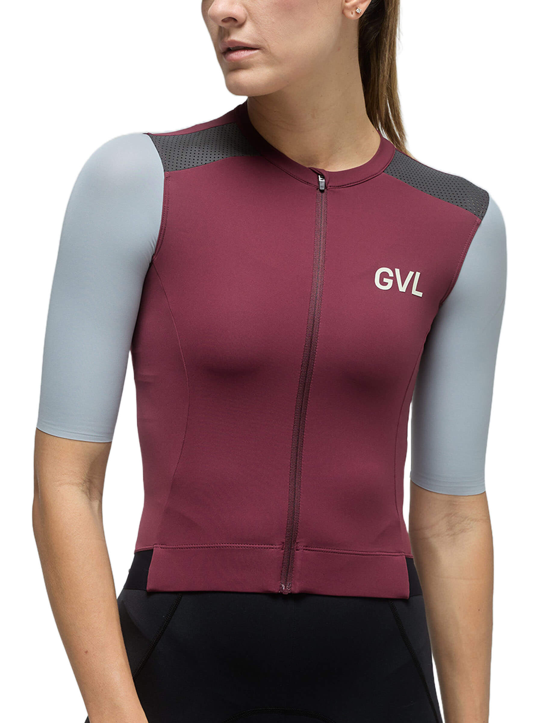 Full front view of a person wearing the Givelo Modern Classic Jersey in maroon with contrasting grey shoulder panels. The jersey features a mid-weight fabric that offers UPF50+ UV protection and excellent moisture-wicking properties.