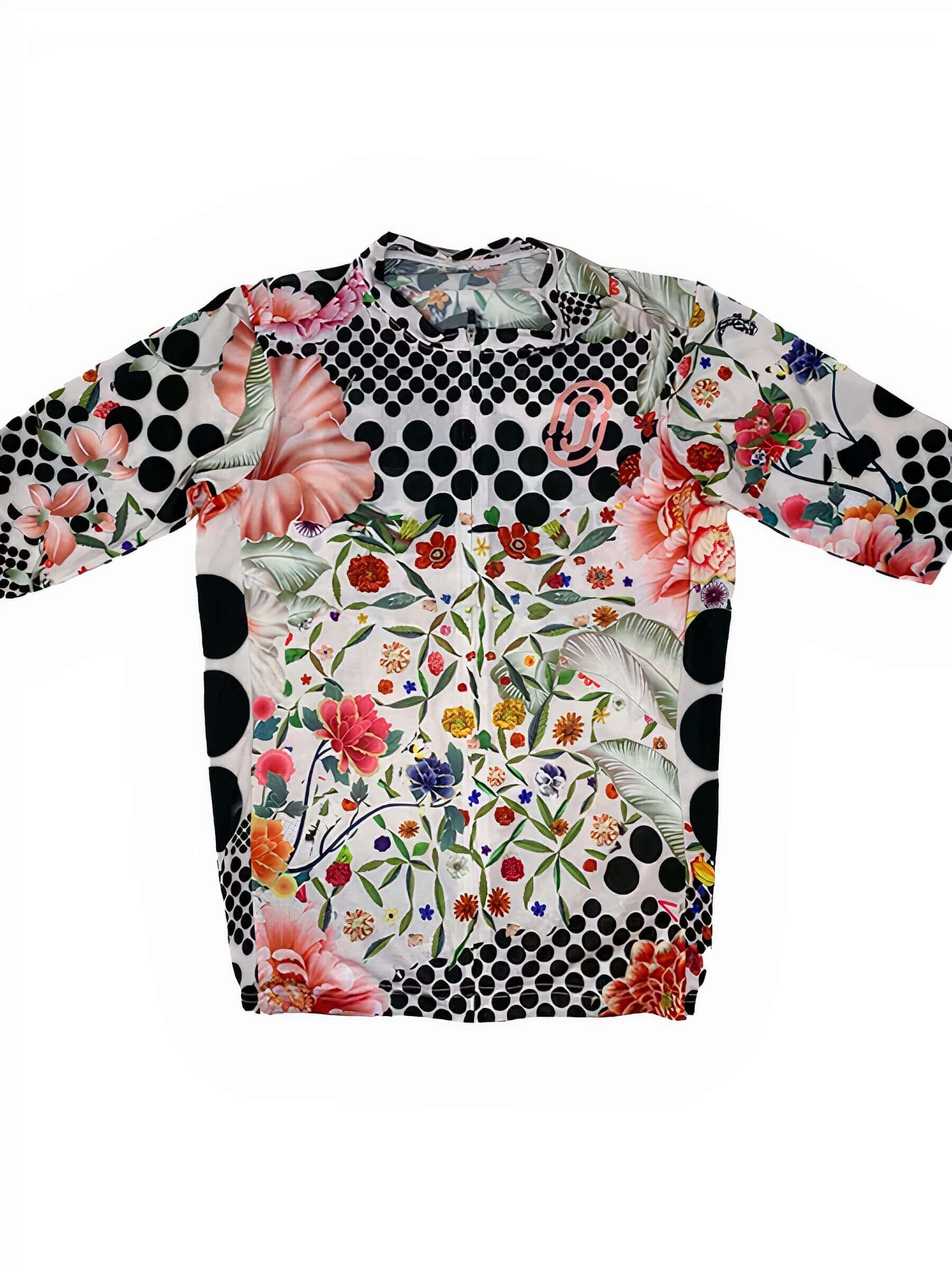 Ostroy Omloop White Jersey - Women's featuring floral patterns and black polka dots in a vibrant cycling design