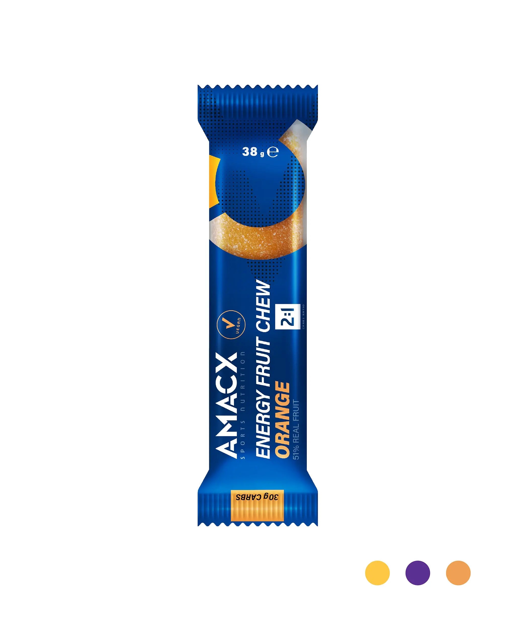 Energy Fruit Chew Orange | 12 pack single bar in portrait orientation with blue and orange packaging, gallery position one