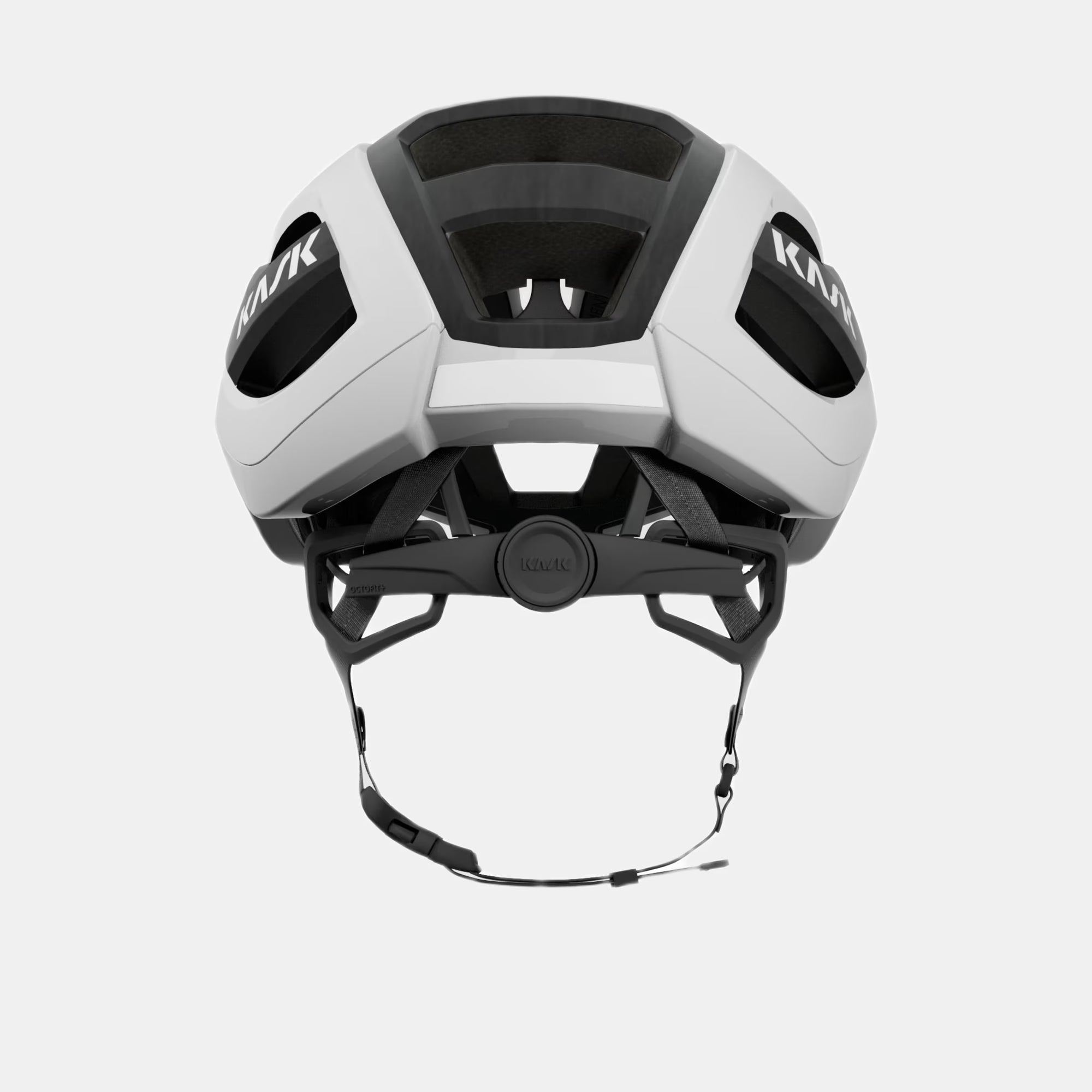Rear view of Kask Elemento Helmet  - White showing adjustable fit system and ventilation openings