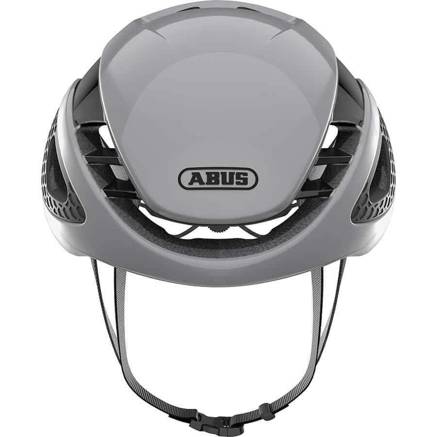 Front view of ABUS GameChanger Helmet showcasing aerodynamic design and adjustable straps for professional cycling performance