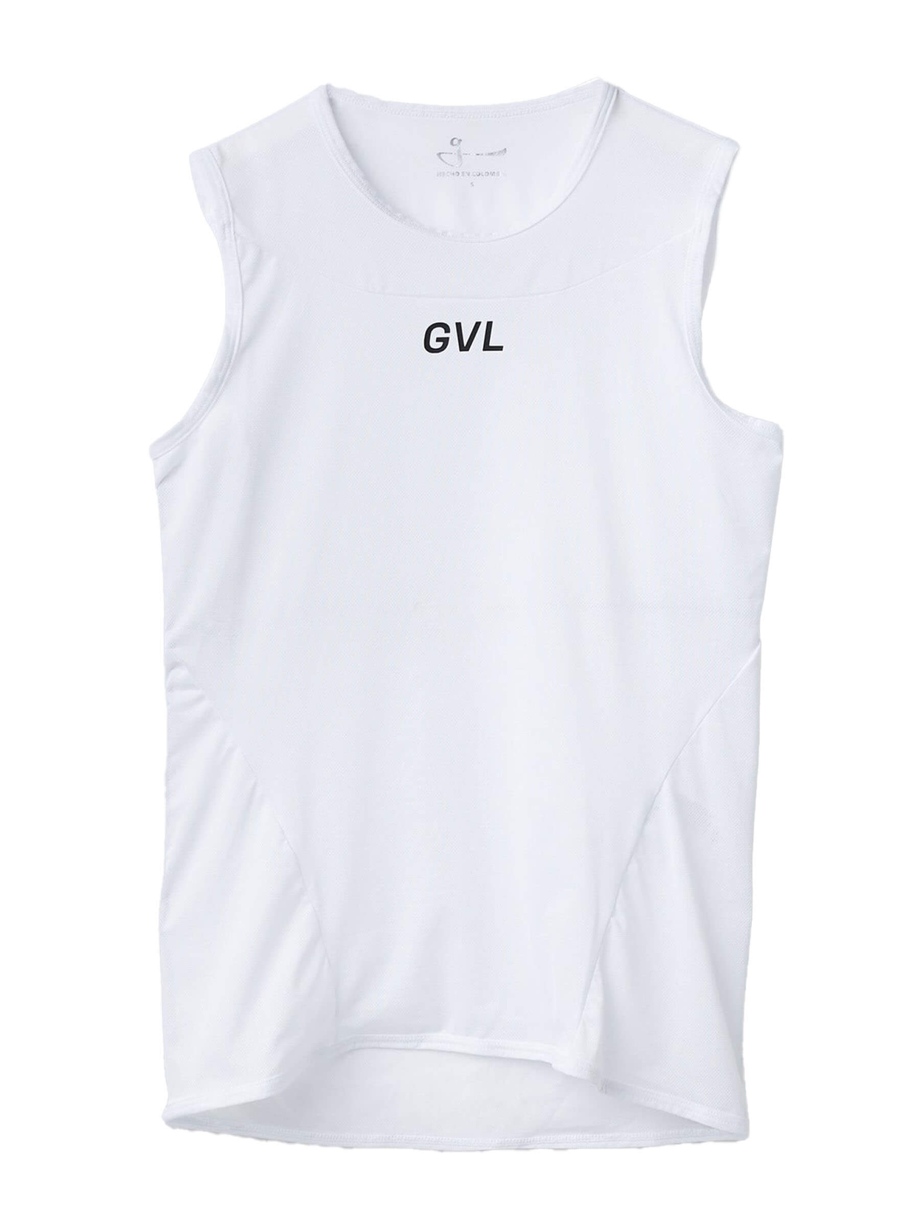 White sleeveless GVL base layer top on a white background.