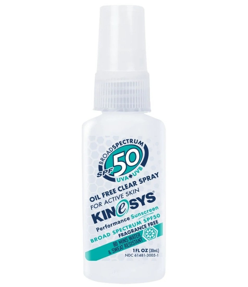 KINeSYS SPF50 Fragrance-Free Spray Sunscreen 30ml in clear spray bottle for active skin sun protection