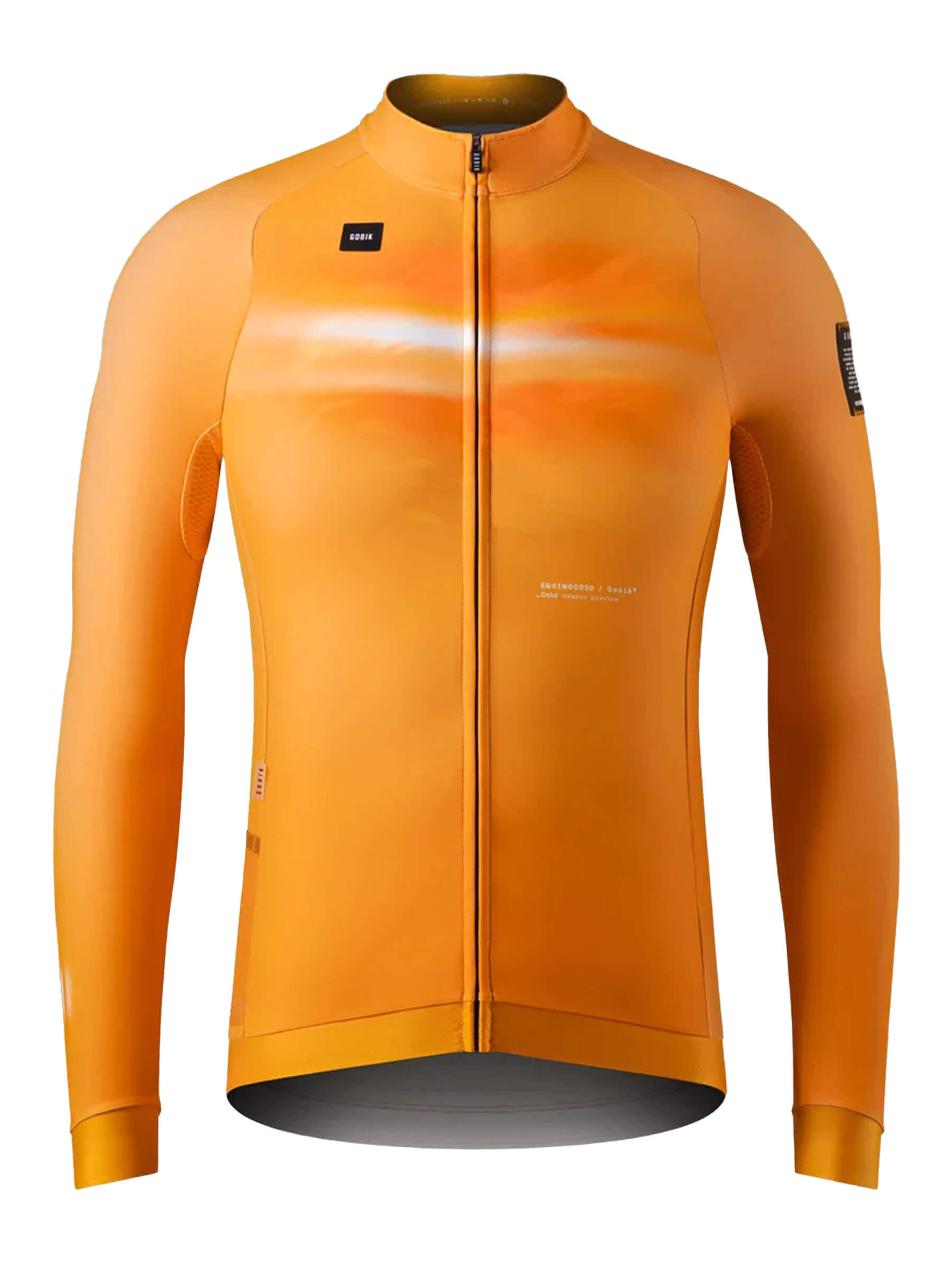 Vibrant cheddar orange GOBIK Hyder jersey featuring laser-cut cuffs and plush interior for cold weather.