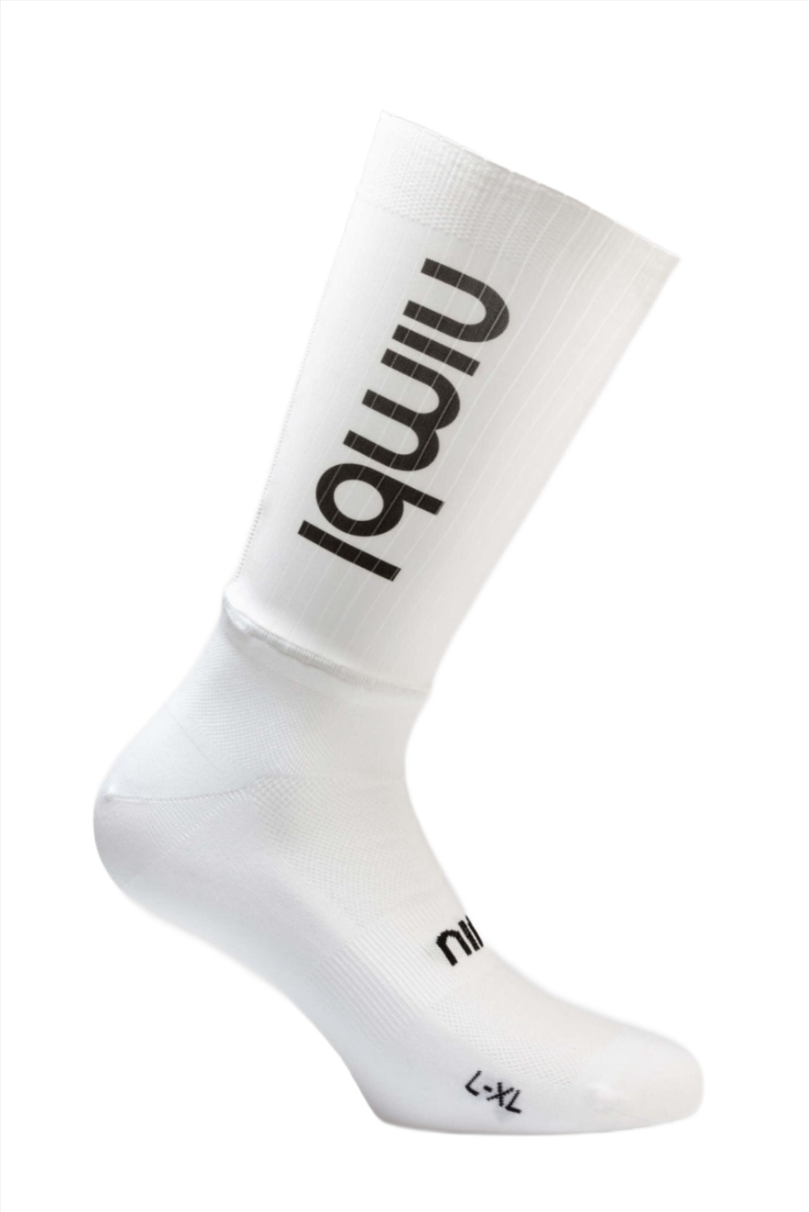 White Nimbl Aero Socks with black branding along the calf and reinforced heel and toe areas