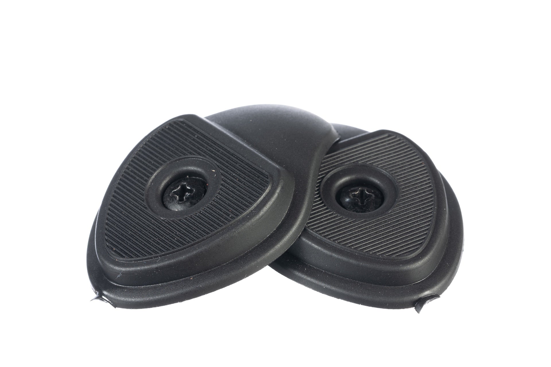 Nimbl Replacement Heel Pieces shown in black rubber with screws for secure attachment to road cycling shoes.