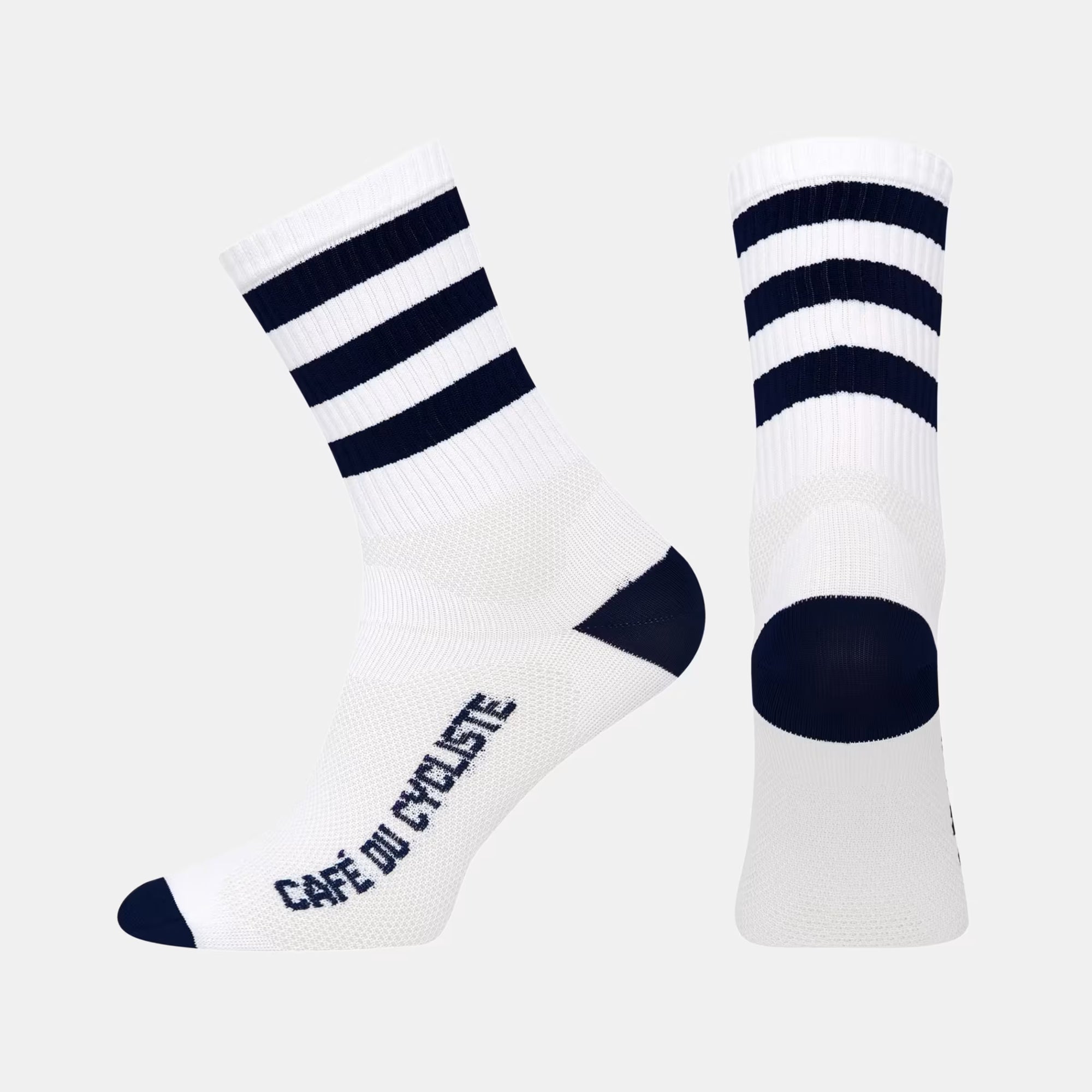 Cafe du Cycliste Skate Socks - Navy on White with navy stripes and logo detail on the foot and heel areas