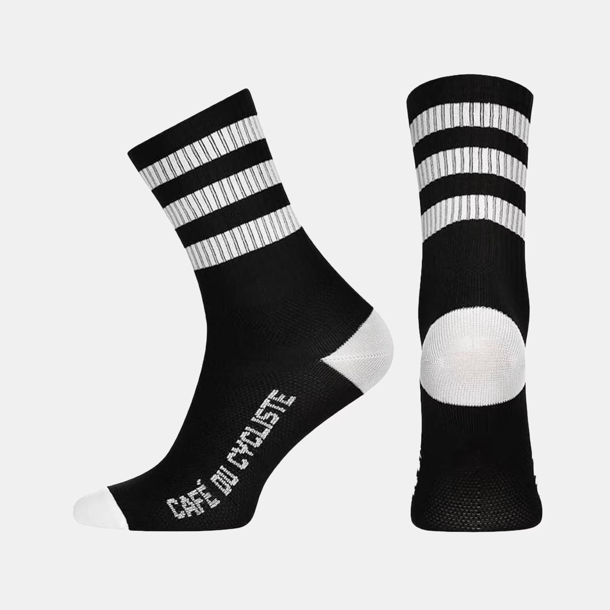 Cafe du Cycliste Skate Socks - White on Black with white stripes and logo on black fabric, cushioned sole and heel.