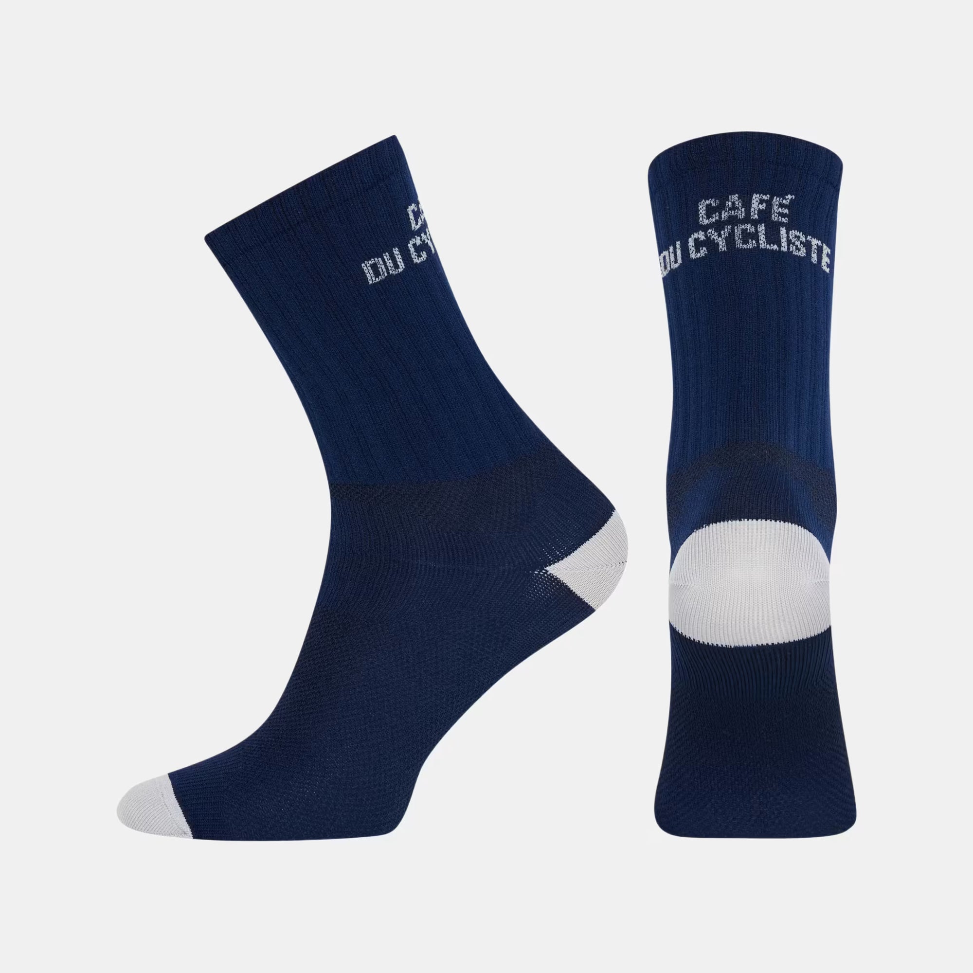 Cafe du Cycliste Solid Socks - Navy pair displayed showing front and back with contrasting white heel and toe details