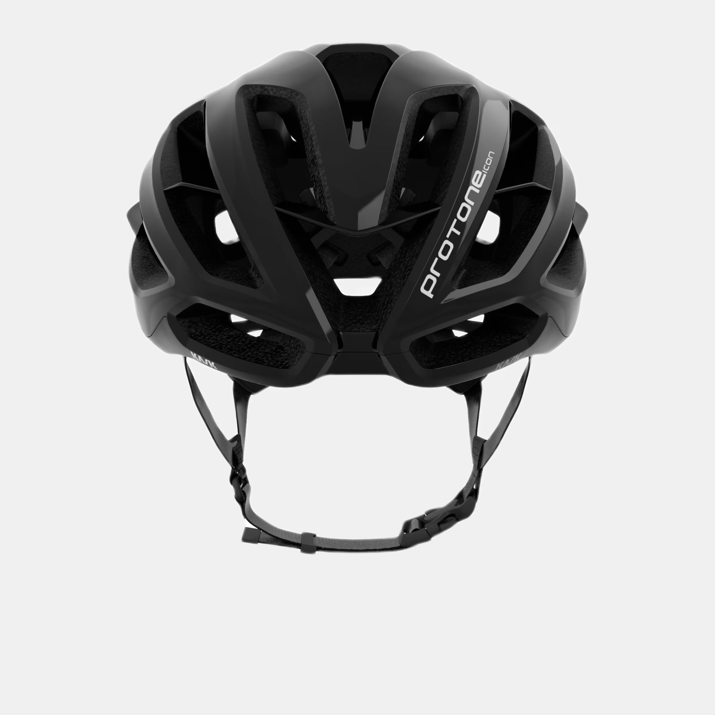 Front view of Kask Proton Icon Helmet - Black showing aerodynamic design and adjustable chin strap for secure fit