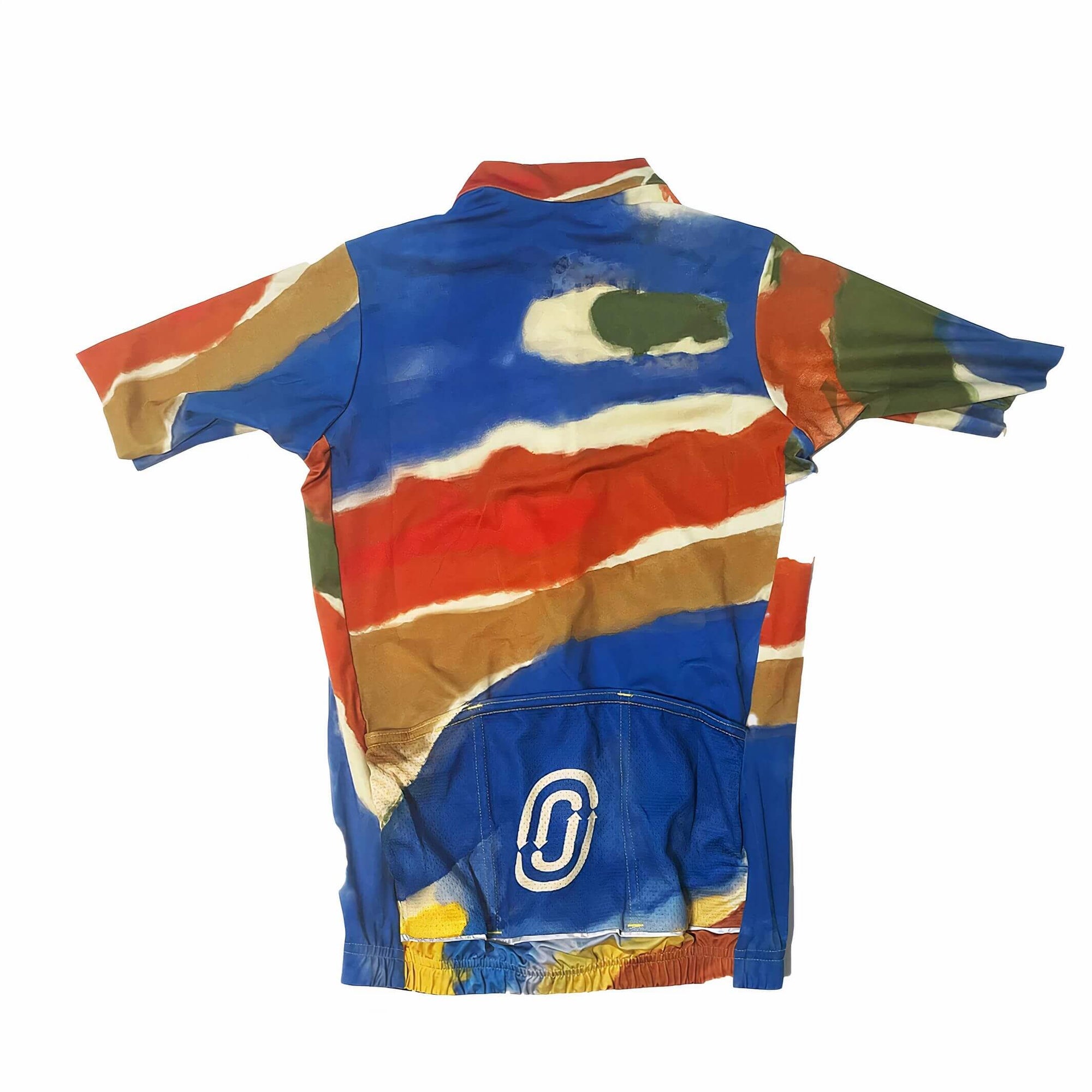 Back view of Ostroy Watercolor Jersey - Men's with bold abstract expressionist color blocks and rear pockets detail