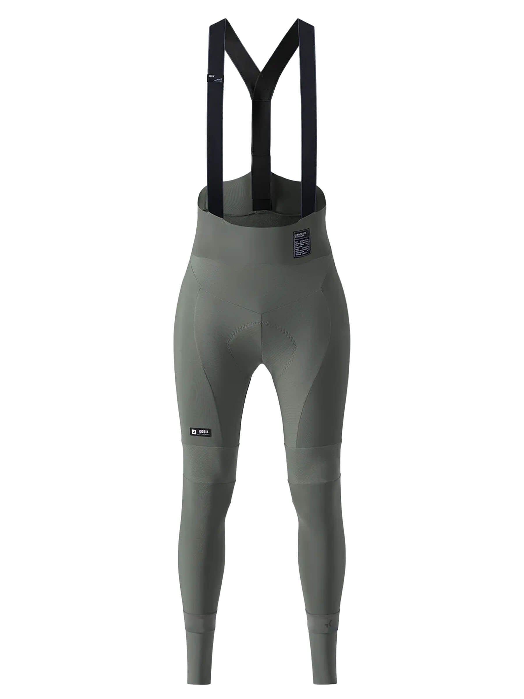 Image of GOBIK Absolute 6.0 K9 Women's Bib Tights: Olive green, full-length cycling tights with black shoulder straps and padding in the seat area for comfort.