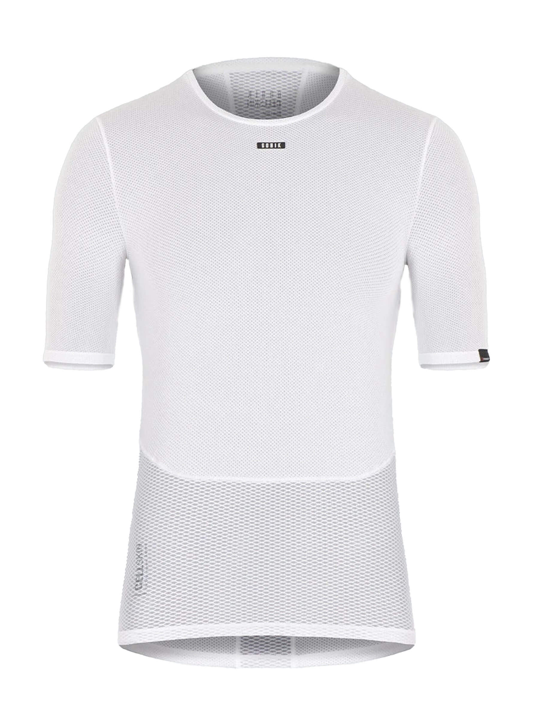 Front view of a GOBIK women's short-sleeved base layer top in white, showcasing a breathable mesh design with a hexagonal pattern and a discreet GOBIK logo at the collar.