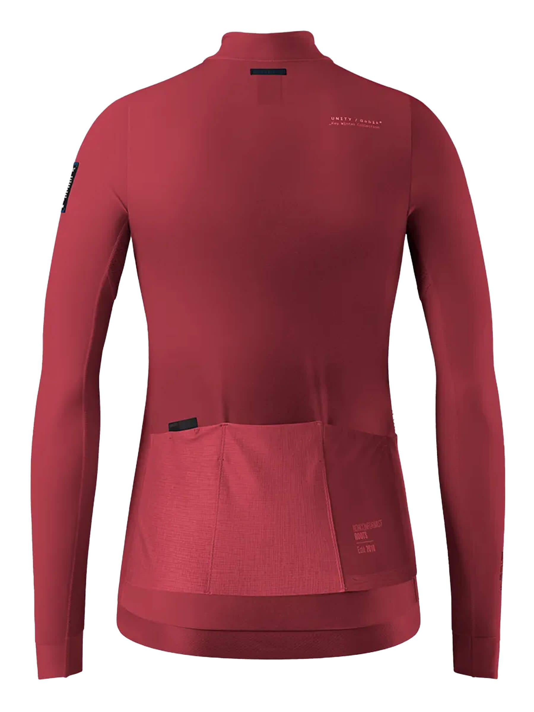 Back view of an amaranth red Hyder cycling jacket with two pockets and a side mesh pocket for carrying essentials.